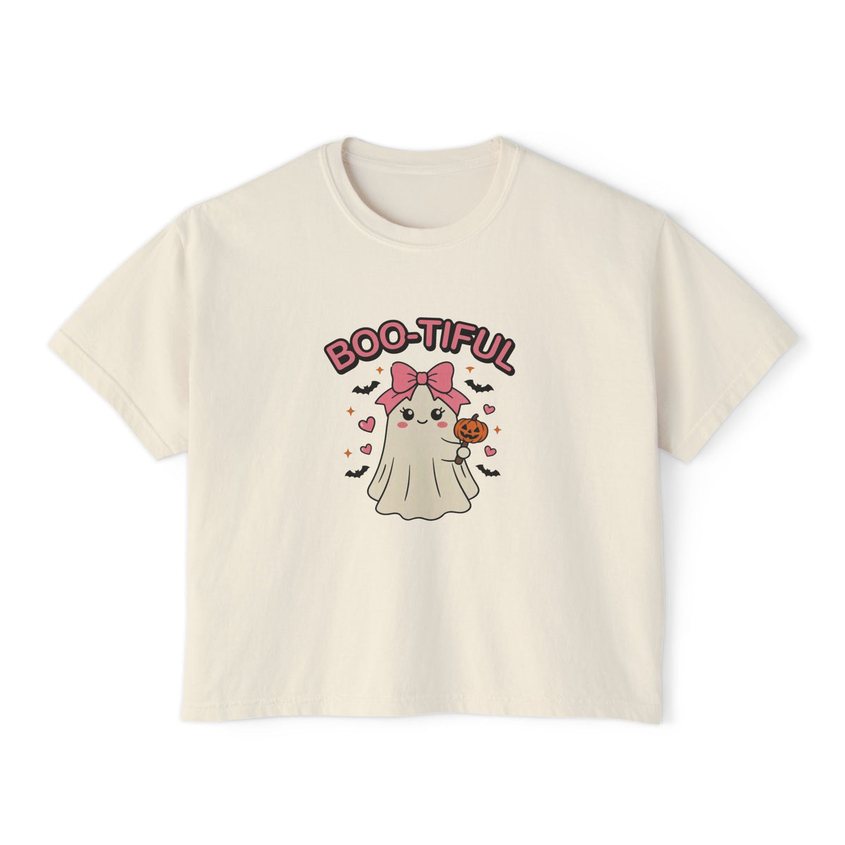 Ivory Boo-tiful Ghost boxy crop tee, flat lay (Color: Ivory)