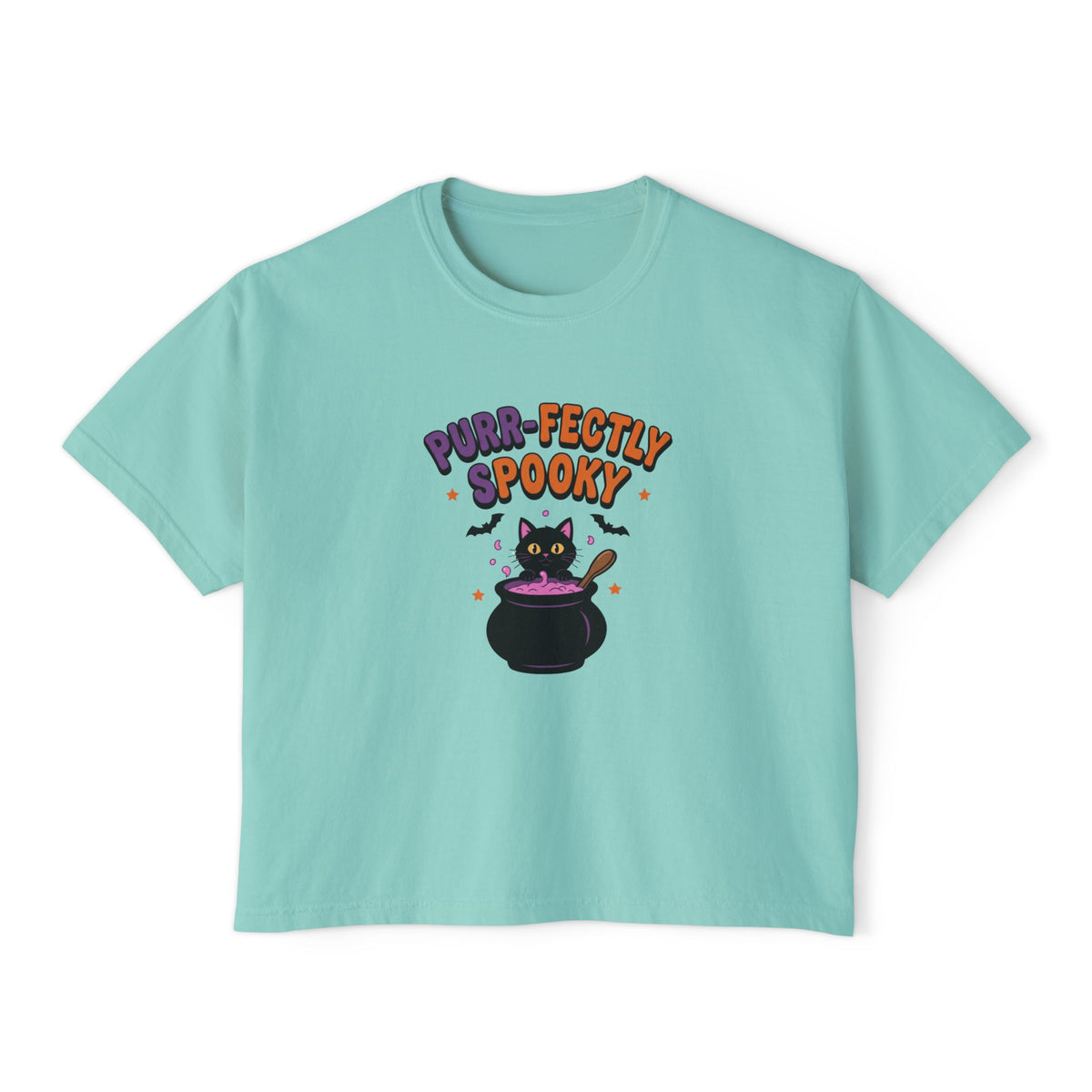 Chalky mint Purr-fectly Spooky boxy crop tee, flat lay (Color: Chalky Mint)