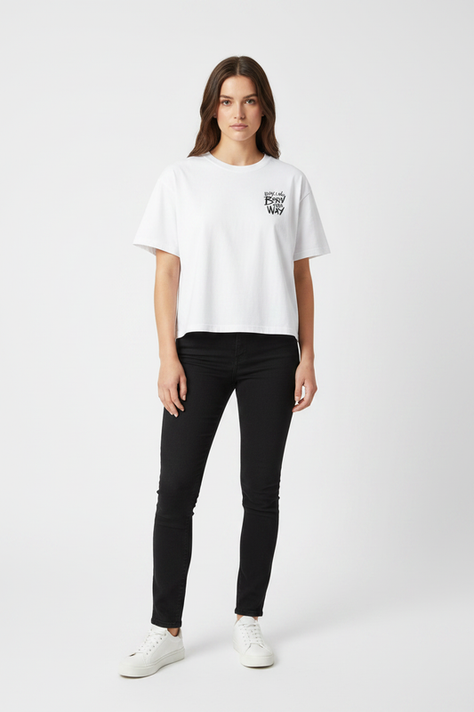 "Born This Way" Minimal Graphic Women’s Crop T-Shirt — White, pose 1 (Color: White)
