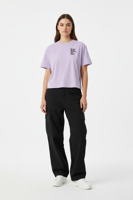 "You Will Never Be Ready Until You Start" Crop Tee — Lavender, studio shot (Color: Orchid)