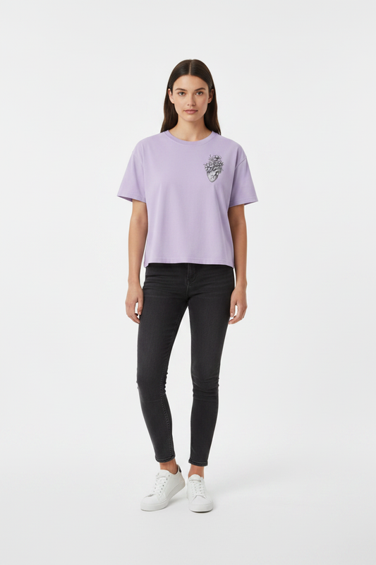 Minimal Floral Heart Chest Graphic, Women's Casual Crop T‑Shirt — Lavender, studio shot (Color: Orchid)