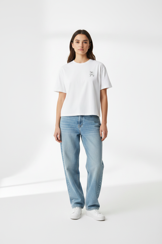 "Be You" Minimal Script Chest Tee — White, studio shot (Color: White)