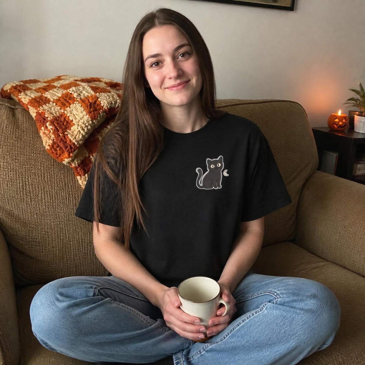 Woman wearing the black Black Cat boxy crop tee, lifestyle photo (Color: Black)