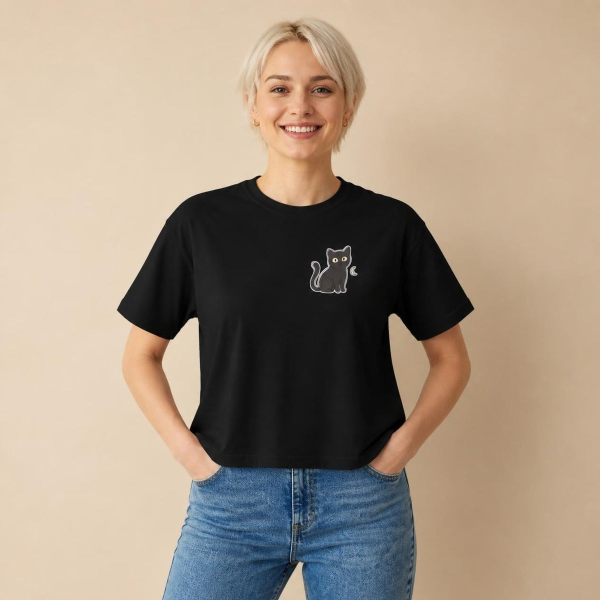 Model wearing the black Black Cat boxy crop tee, studio photo (Color: Black)