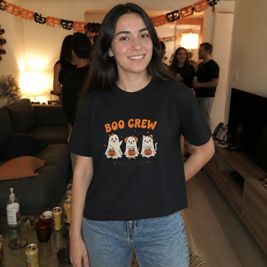 Woman wearing the black Boo Crew Family & Pets boxy crop tee, lifestyle photo (Color: Black)