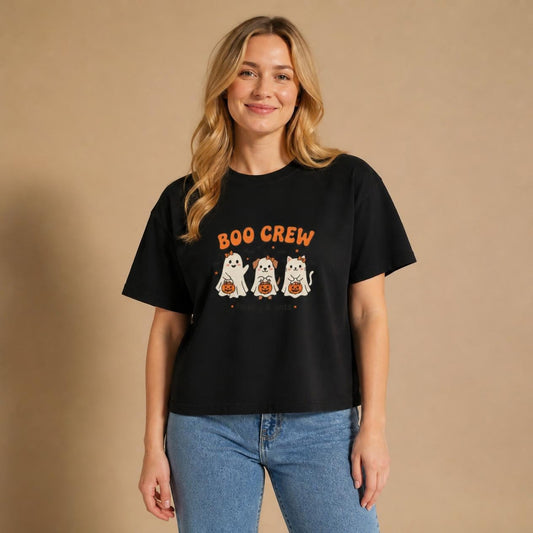 Model wearing the black Boo Crew Family & Pets boxy crop tee, studio photo (Color: Black)