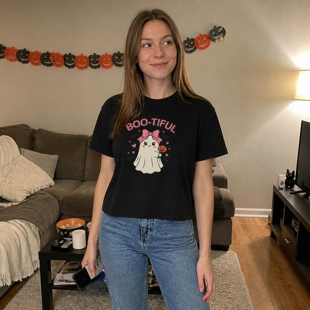 Woman wearing the black Boo-tiful Ghost boxy crop tee, lifestyle photo (Color: Black)