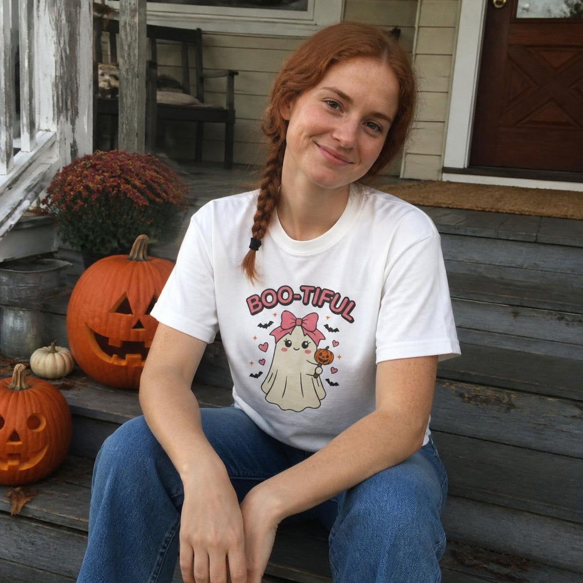 Woman wearing the white Boo-tiful Ghost boxy crop tee, lifestyle photo (Color: White)