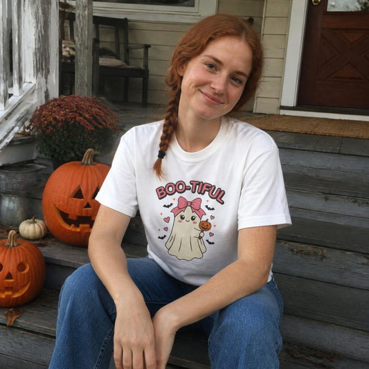Woman wearing the white Boo-tiful Ghost boxy crop tee, lifestyle photo (Color: White)