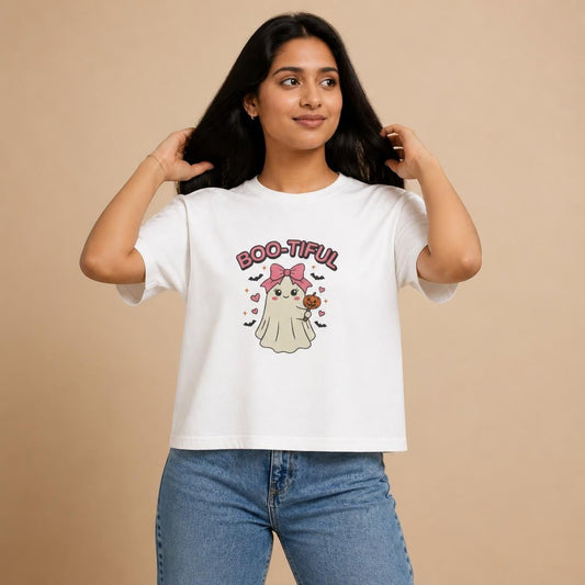 Model wearing the white Boo-tiful Ghost boxy crop tee, studio photo (Color: White)