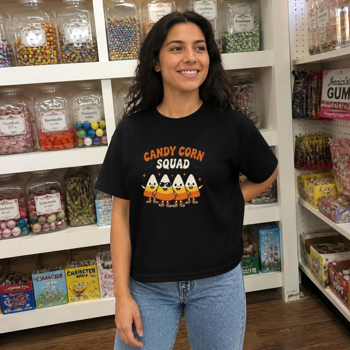 Woman wearing the black Candy Corn Squad boxy crop tee, lifestyle photo (Color: Black)