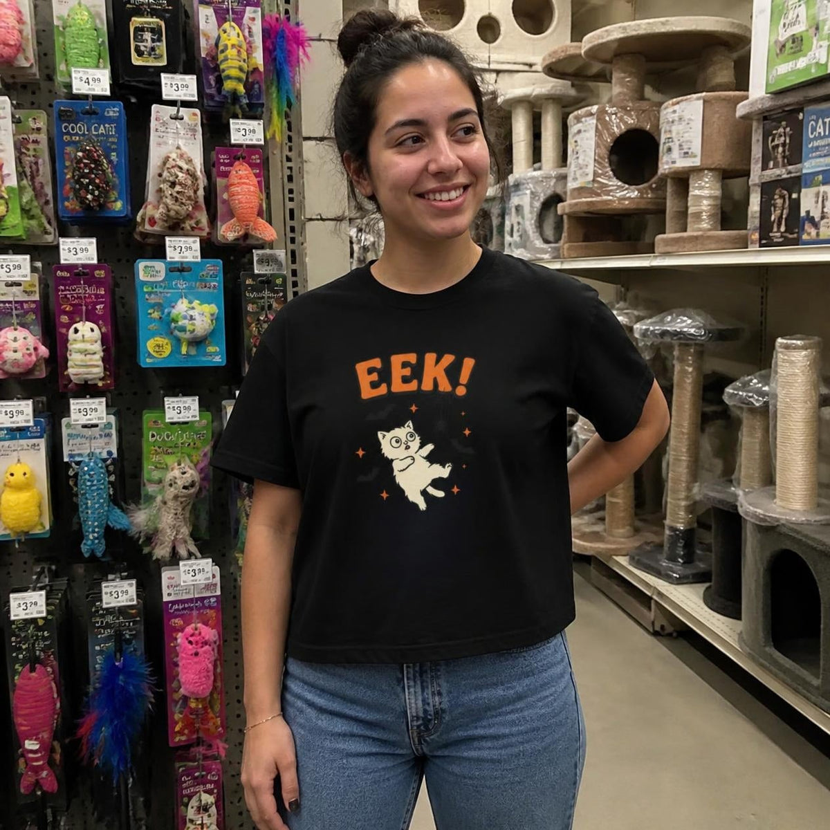 Woman wearing the black Eek! Scared Cat boxy crop tee, lifestyle photo (Color: Black)