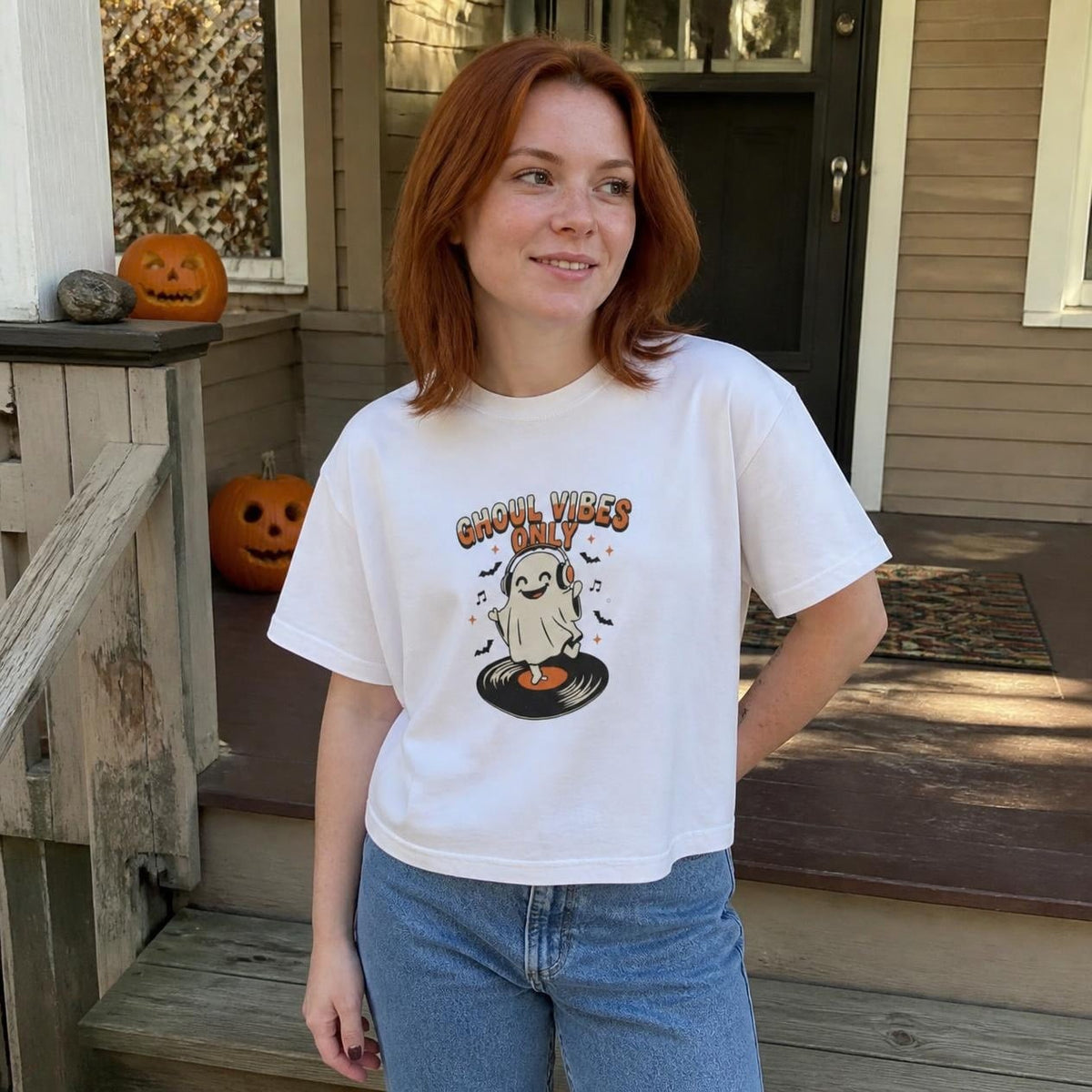 Woman wearing the white Ghoul Vibes Only Ghost boxy crop tee, lifestyle photo (Color: White)