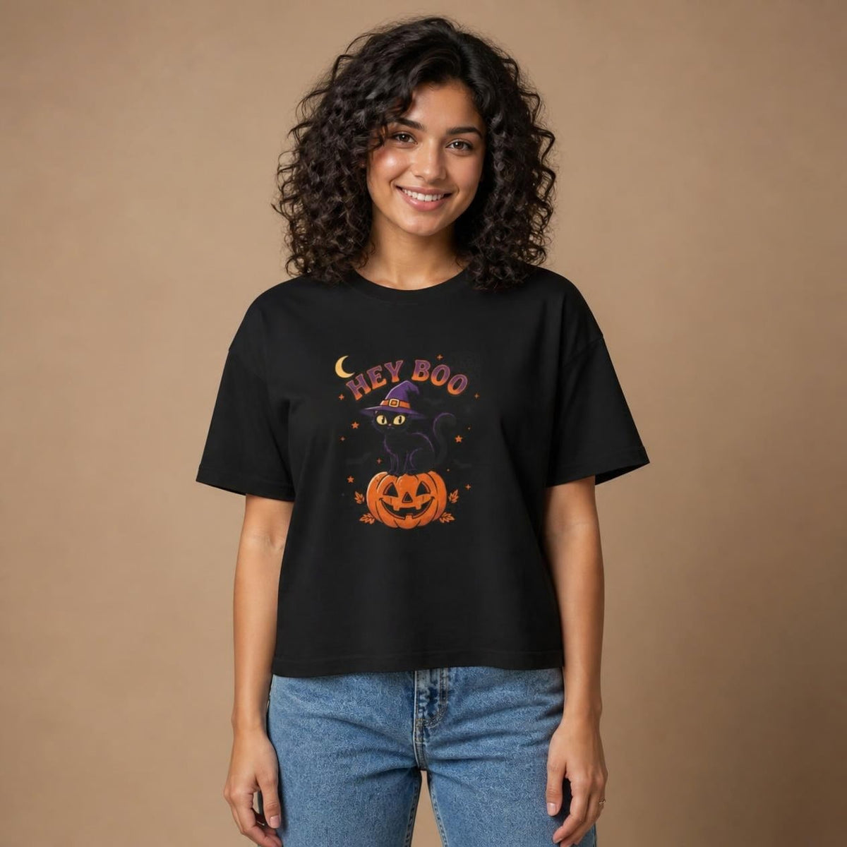 Model wearing the black Hey Boo Black Cat boxy crop tee, studio photo (Color: Black)