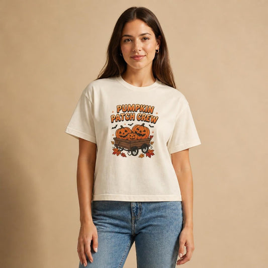 Model wearing the ivory Pumpkin Patch Crew boxy crop tee, studio photo (Color: Ivory)
