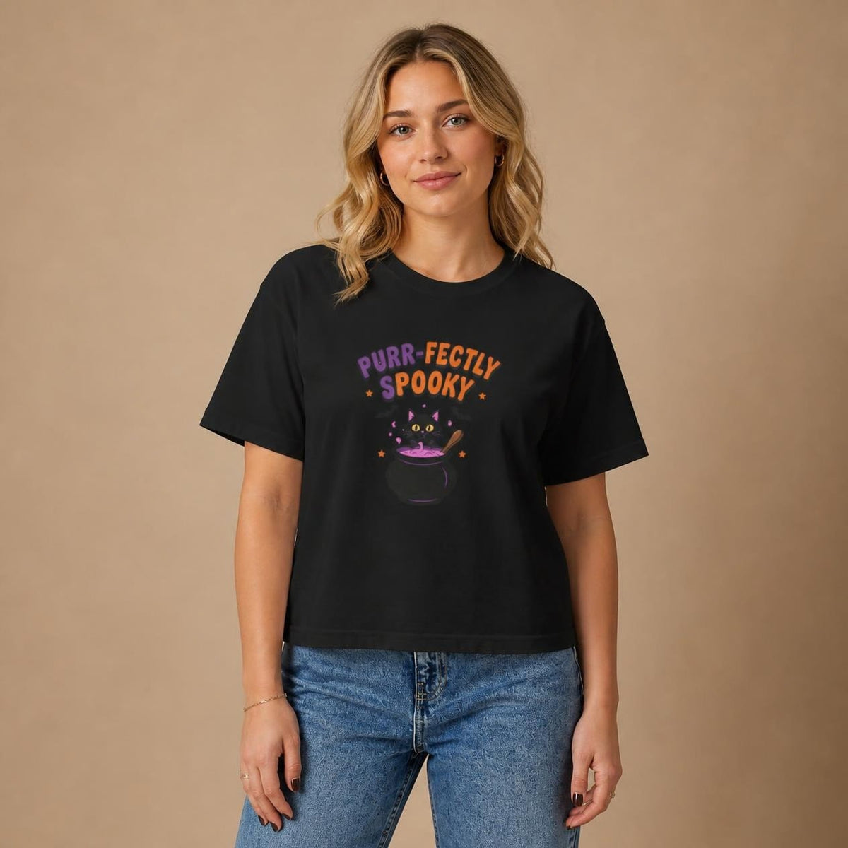 Model wearing the black Purr-fectly Spooky Black Cat boxy crop tee, studio photo (Color: Black)