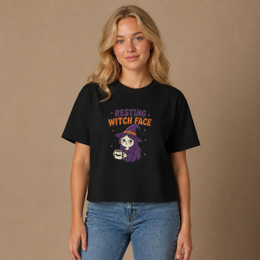 Model wearing the black Resting Witch Face boxy crop tee, studio photo (Color: Black)