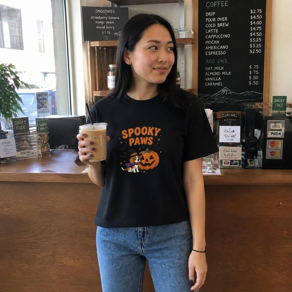 Woman wearing the black Spooky Paws Dog boxy crop tee, lifestyle photo (Color: Black)