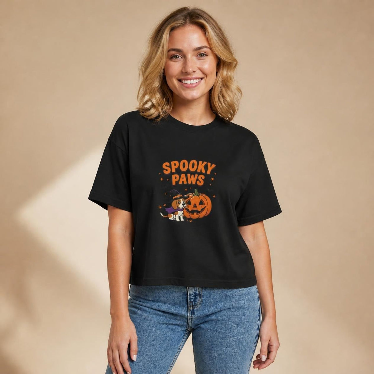 Model wearing the black Spooky Paws Dog boxy crop tee, studio photo (Color: Black)