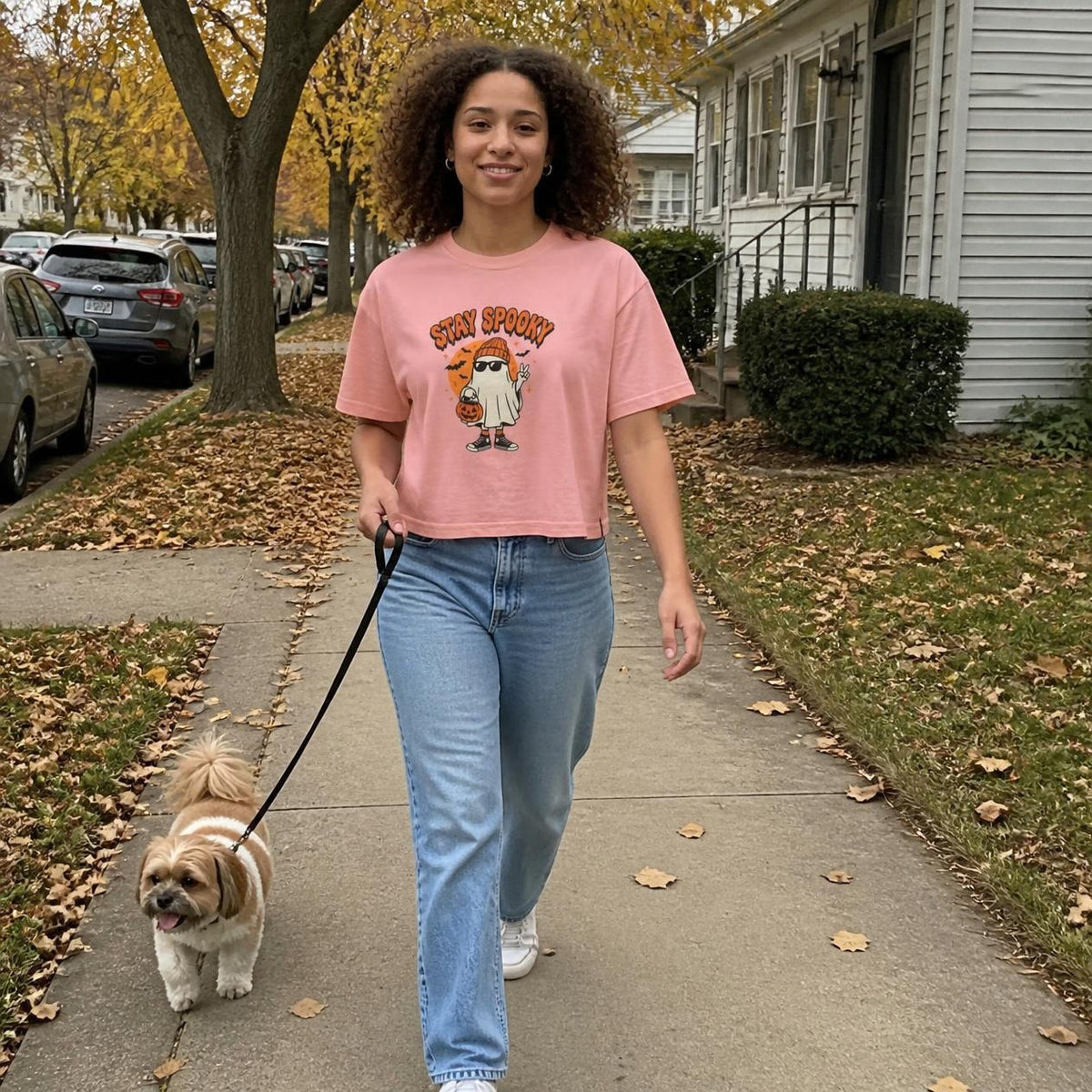 Woman wearing the peachy Stay Spooky Ghost boxy crop tee, lifestyle photo (Color: Peachy)