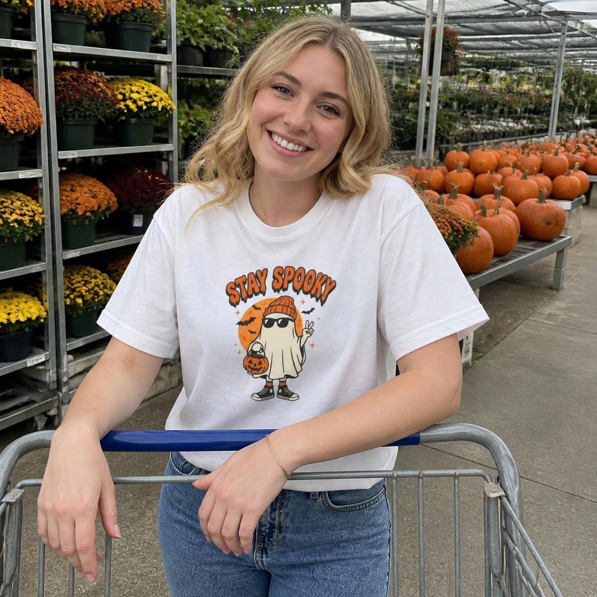 Woman wearing the white Stay Spooky Ghost boxy crop tee, lifestyle photo (Color: White)