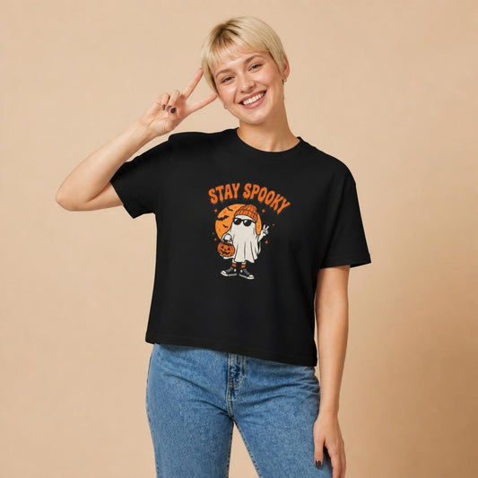 Model wearing the black Stay Spooky Ghost boxy crop tee, studio photo (Color: Black)