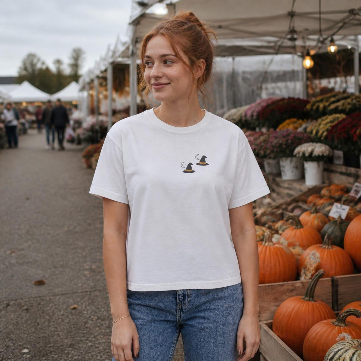 Woman wearing the white Witch Hat boxy crop tee, lifestyle photo (Color: White)